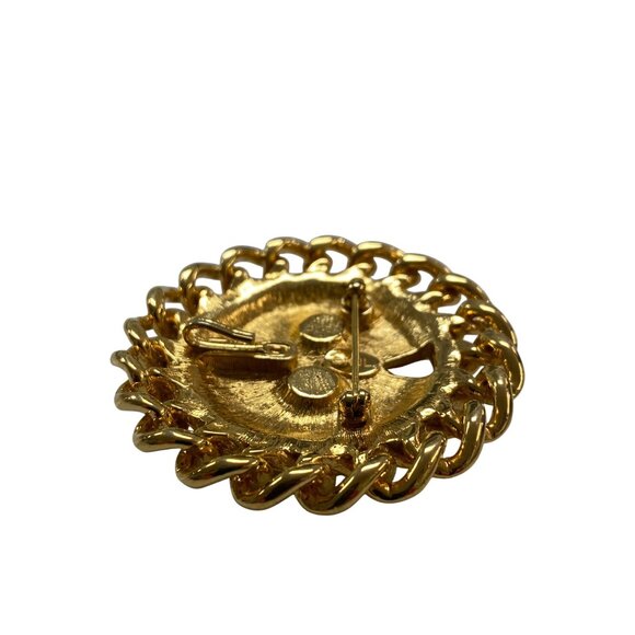 Vintage KJL Kenneth Jay Lane Pearl & Gold Chain Link Brooch Pin Statement Jewelr - Picture 3 of 5